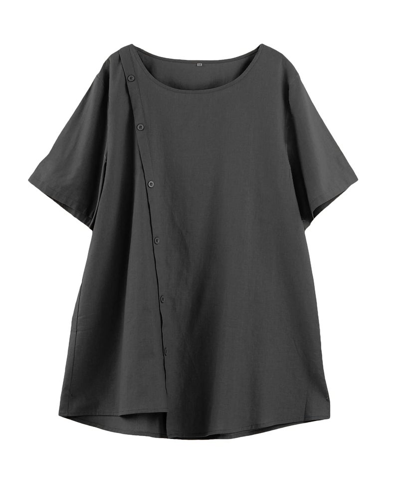 Minibee بلوزة نسائية من الكتان من ميني بي بأكمام قصيرة مع زينة أزرار باللون الأسود 2XL - Image 2